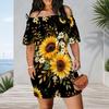 Women Plus Size Off Shoulder Short Sleeve Sunflower Printed Black Loose Romper With Side Pockets