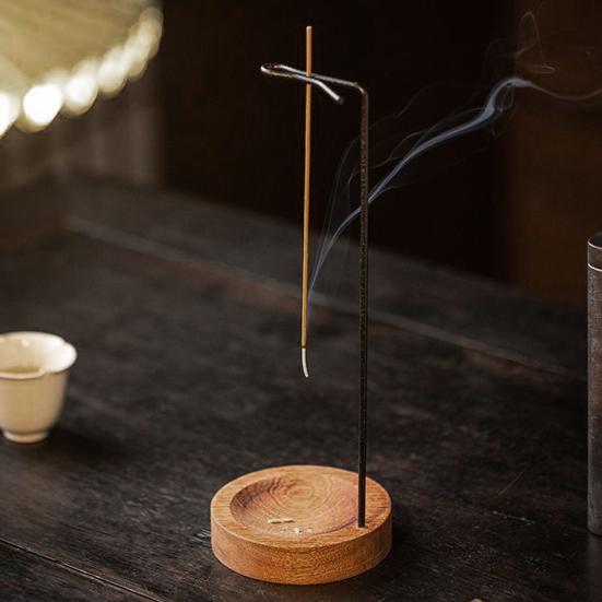 Incense Stick Holder with Wooden Tray Brass Inverted Incense Burner Ash Catcher Home Office