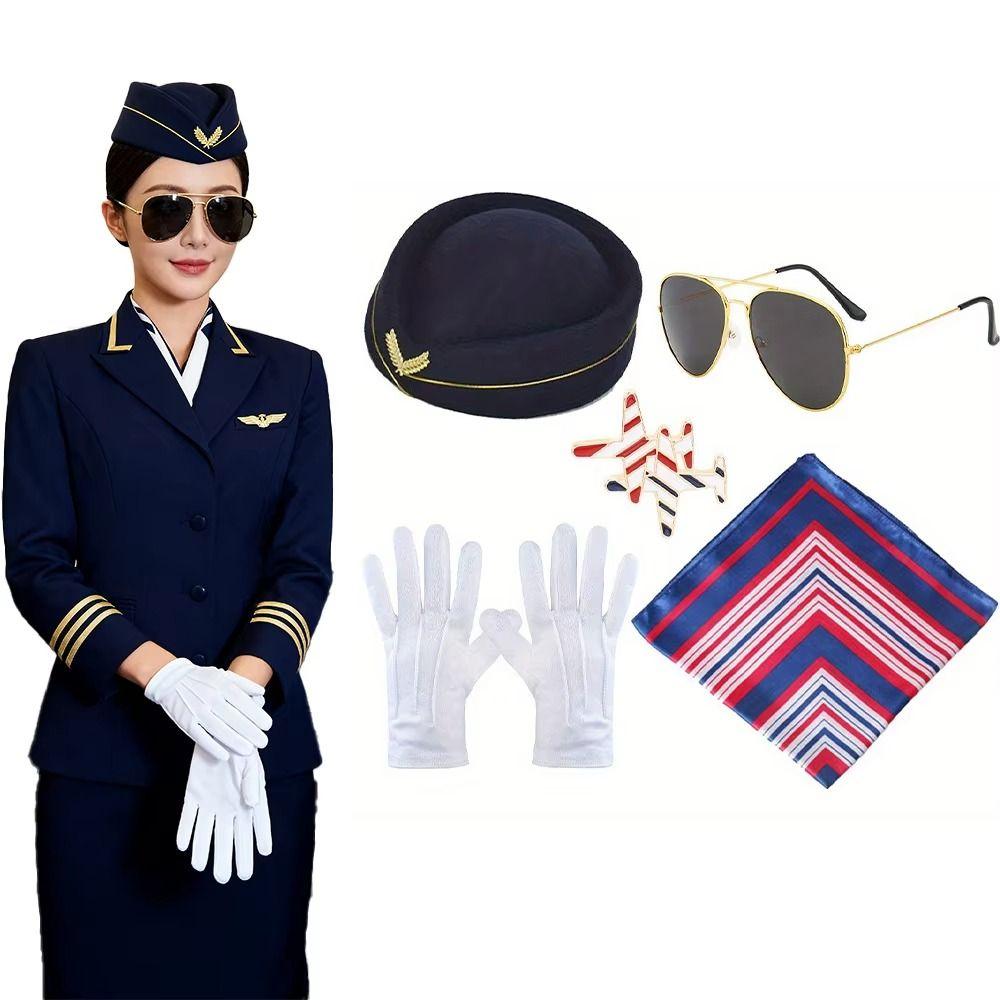 Gloves Scarf Women's Stewardess Costume Classy Airline Flight Attendant Hat Masquerade
