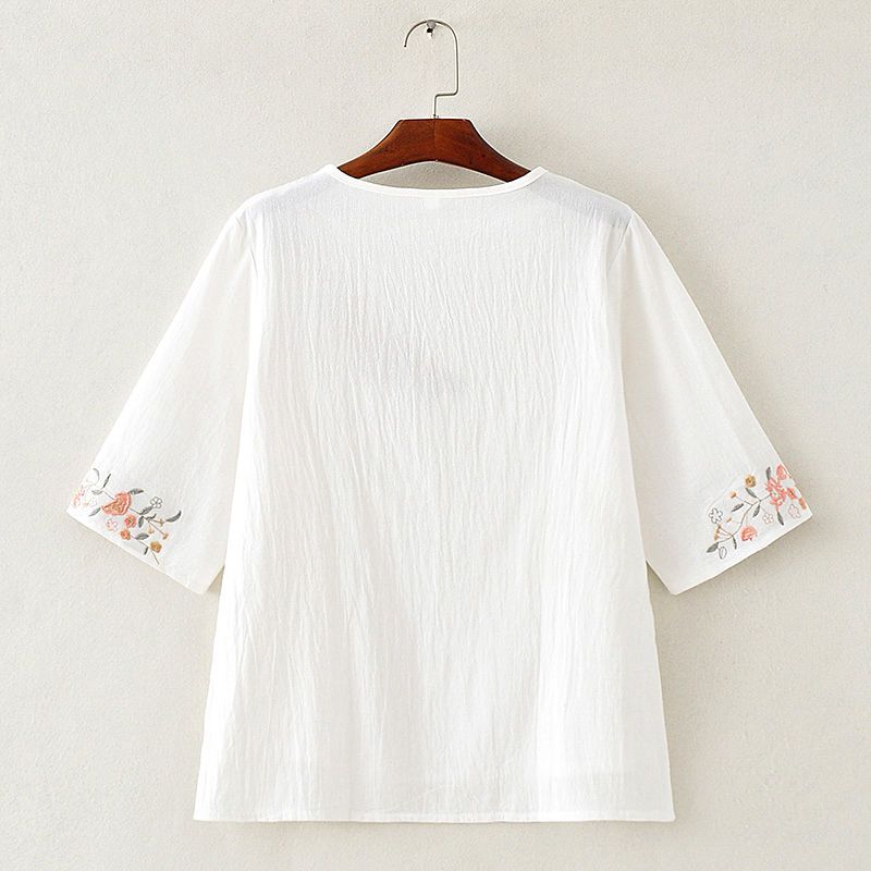 Литературная художественная маленькая свежая свободная круглая горловина хлопковая льняная однотонная футболка для женщин с рукавами три четверти весна-лето короткие футболки