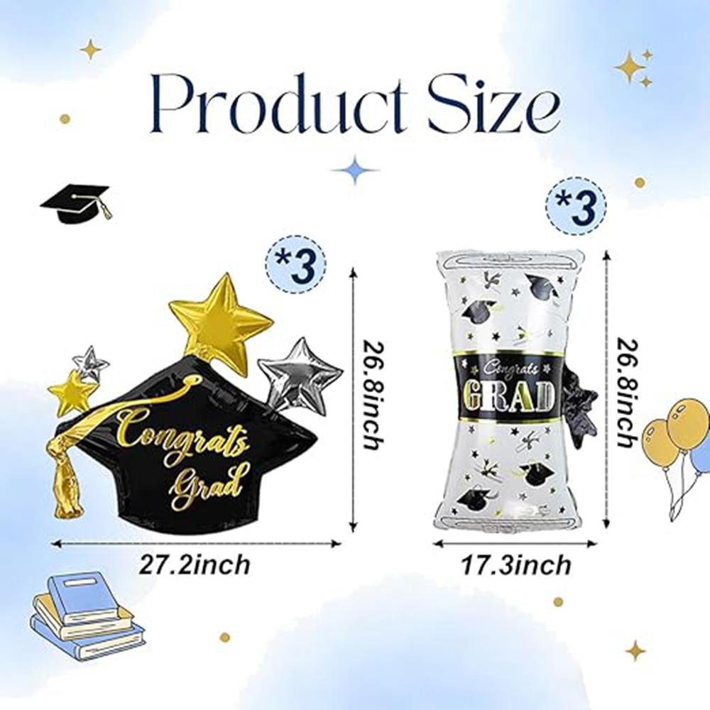 Black Gold Graduation Balloons Set, 6Pcs Aluminum Foil Balloons with Grad Cap & Diploma Designs, Graduation Party Supplies for a