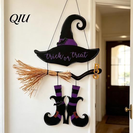 Witch Hat Wall Decor Halloween Boot Sign, Hanging Trick or Treat Decoration Reusable Sign for Home Room, Wooden Front Door Hanger Holiday