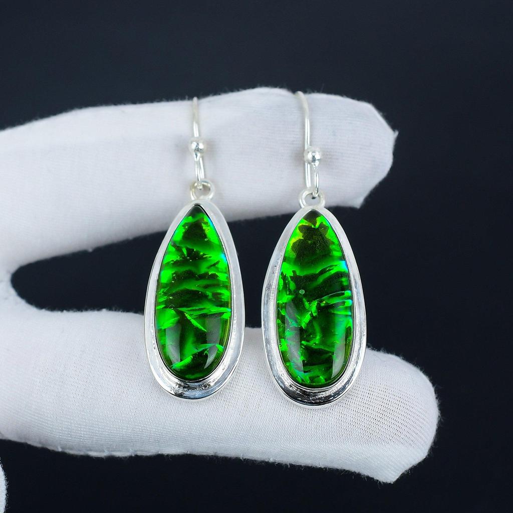 Удивительные серьги из серебра 925 пробы с зеленым триплетом огненного опала, серьги-подвески из серебра ручной работы в стиле бохо, подарок на день рождения для жены