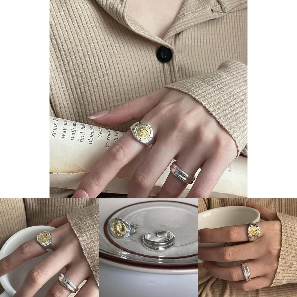 Stylish Adjustable Geometric Ring For Women Featuring Unique Coin Design And Two-tone Colors