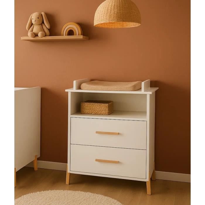 Commode à langer - Babyprice - Joy Naturel - 2 tiroirs - 1 niche - Blanc - Sur pieds en bois naturel