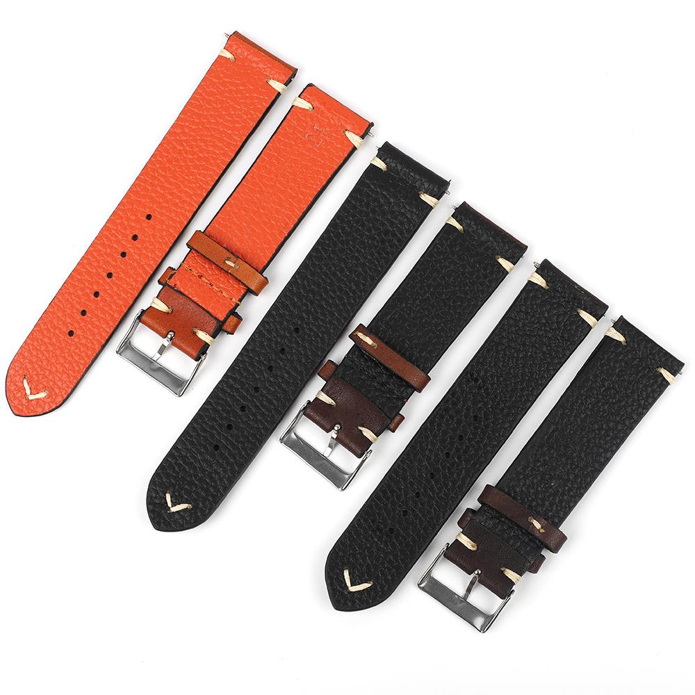 Retro Genuine Leather Watch Strap 18mm 20mm 22mm 24mm Lychee Pattern Bottom Handmade Stitching Watchband Replacement for Men