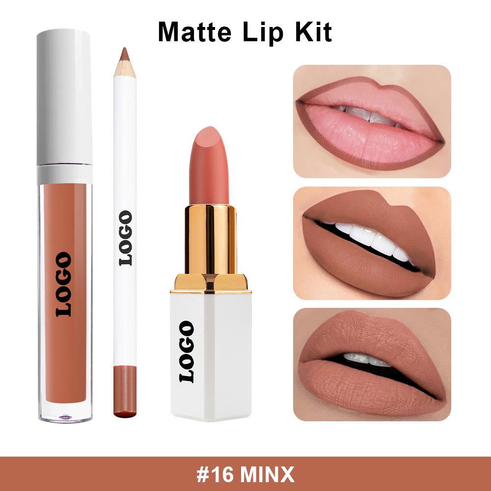 Набор матовых вельветовых помад для трансграничной торговли: Стойкий, не выцветающий набор из 3 предметов: блеск для губ, помада и карандаш для губ.