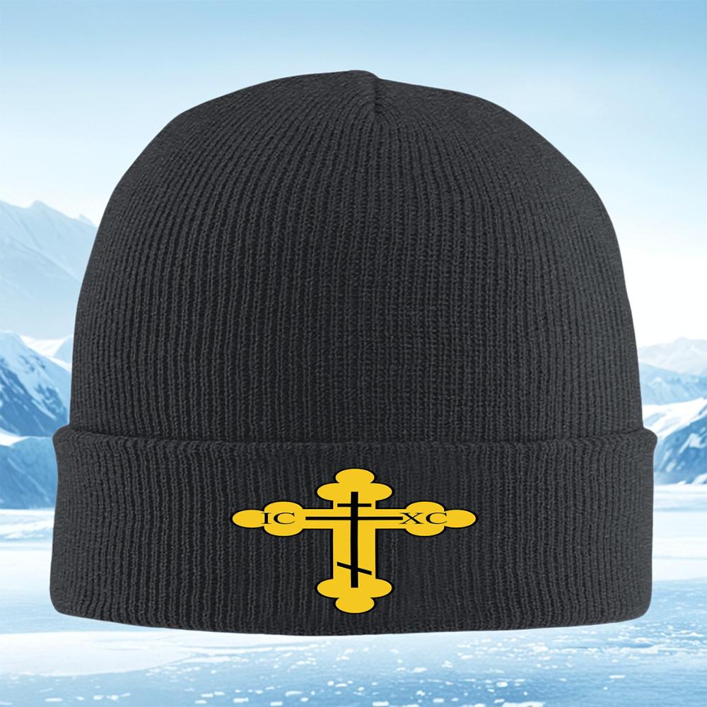 Golden cross black background letters Men Women Unisex Knitted Hat Beanie Pullover Cap Winter Thermal Warm Christmas Outdoor Cyc