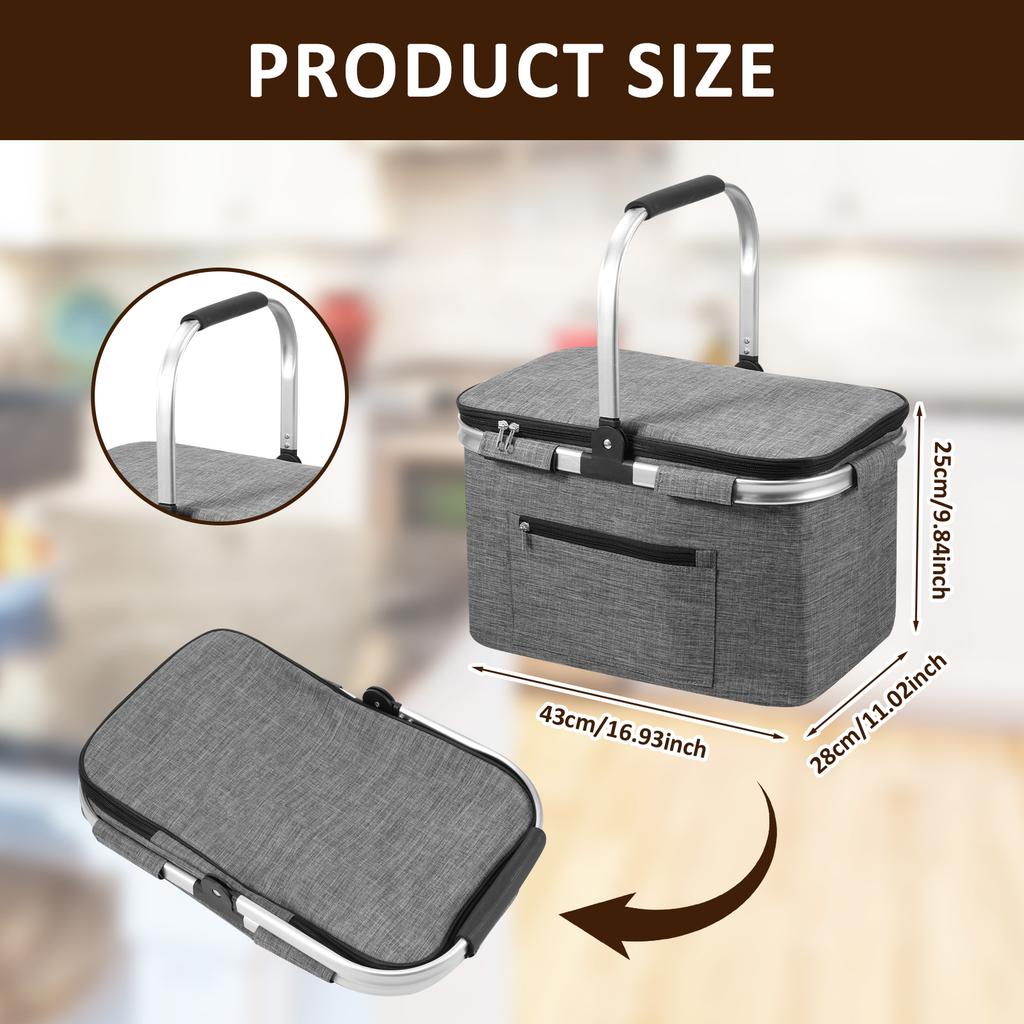Picnic Basket Portable Folding Insulated Bag with Padded Handle and Lid Handheld Waterproof Shopping Basket for Travel Picnic