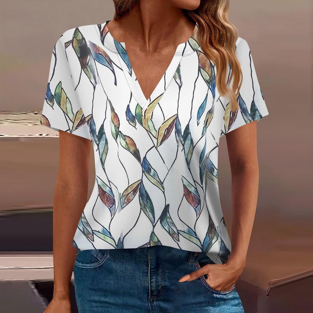 Женская футболка Футболка с принтом с коротким рукавом Повседневные выходные Мода Базовый топ с V-образным вырезом Обычный топ