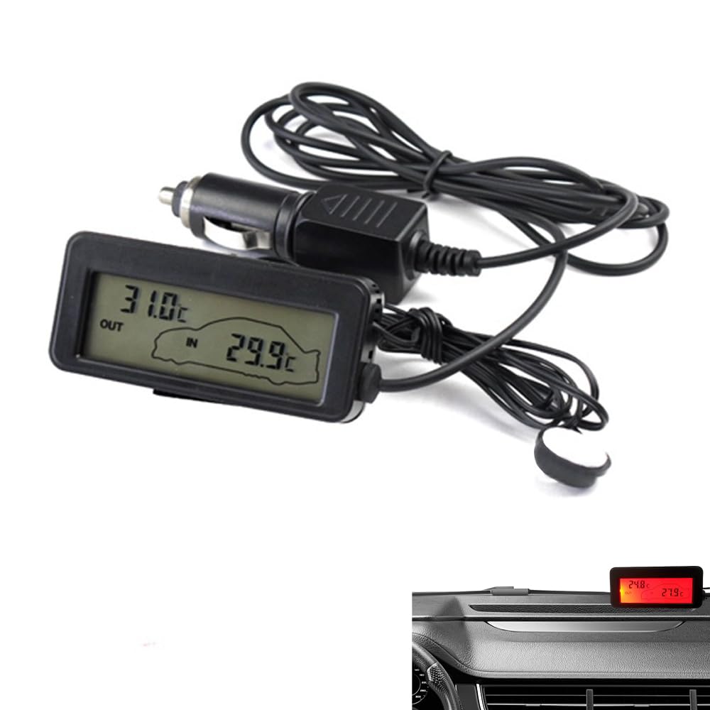 Mini LCD Car Indoor and Outside Dual Thermometer Red Backlight Compact and Simple 12V Digital Thermometer (Red Light)