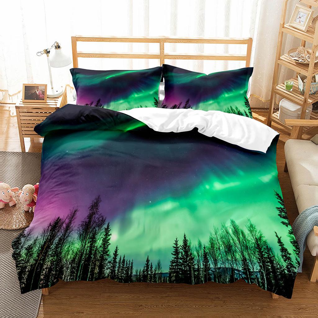 Пододеяльник Кинг/Квин Северное сияние Набор постельного белья с природным пейзажем Красочный пейзаж неба Чехол для одеяла Полиэстер Чехол для одеяла