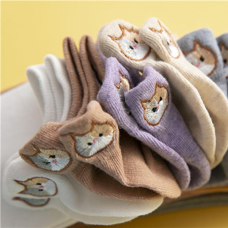 Женские хлопковые носки с милой кошкой и вышивкой ярких цветов, женские повседневные носки