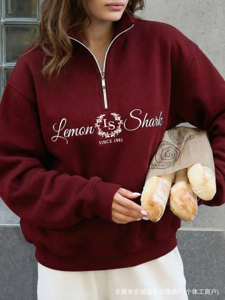 Autumn and winter fashion meat covering literary and comfortable letter printing thickened lapel half zipper sweater