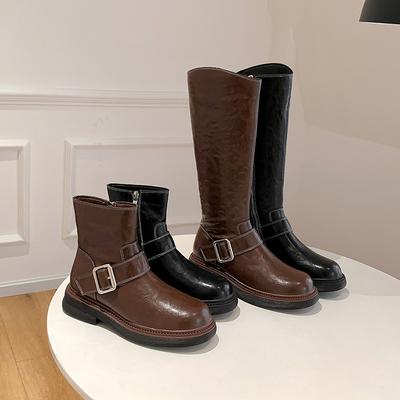 Версия из коровьей кожи, вымытая лошадиная кожа, круглый носок, толстый каблук, короткие ботинки-локомотивы, пряжка-ремень, сапоги средней высоты, женские 2025 осень и зима