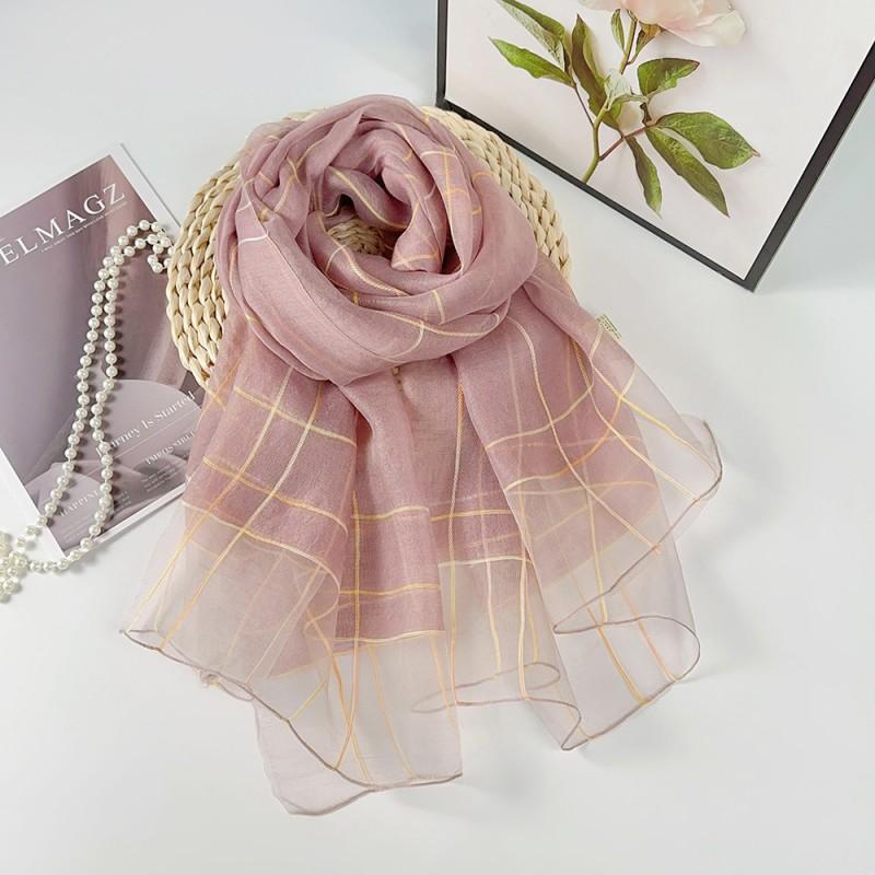 Elegant Lightweight Silk Blend Scarf Women Long Beach Wrap With Classic Check Vacation Accessory
