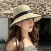 New hat women's sunscreen cover face big brim straw woven beach cool hat summer temperament show face small bow straw hat