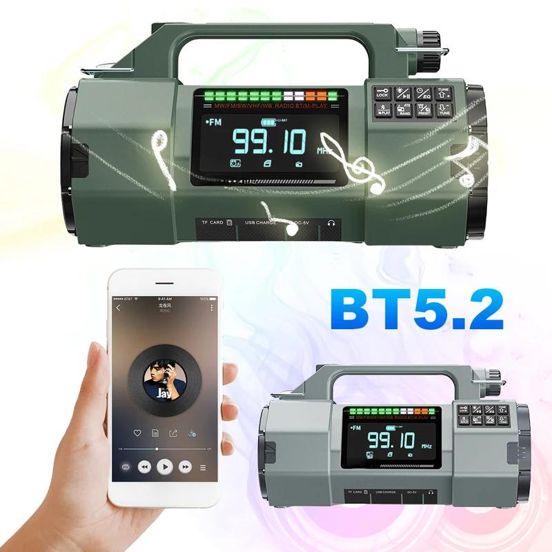 Аварийное радио FM/MW/SW/VHF/WB Портативное радио с SOS-сигналом Светодиодный фонарик BT-динамик Ручной завод Солнечное радио для выживания