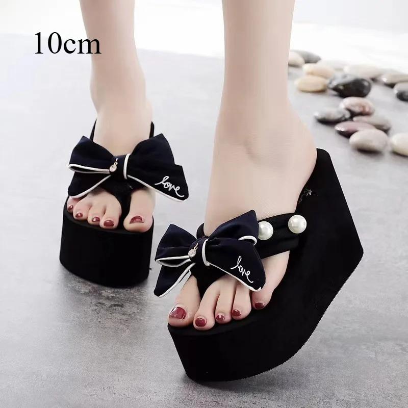 6/8/11cm Super High Heel Flip Flop Handcrafted Pearl Bow Slip on Seaside Slides Holiday Travel Fashion Women's Black Beach Shoes