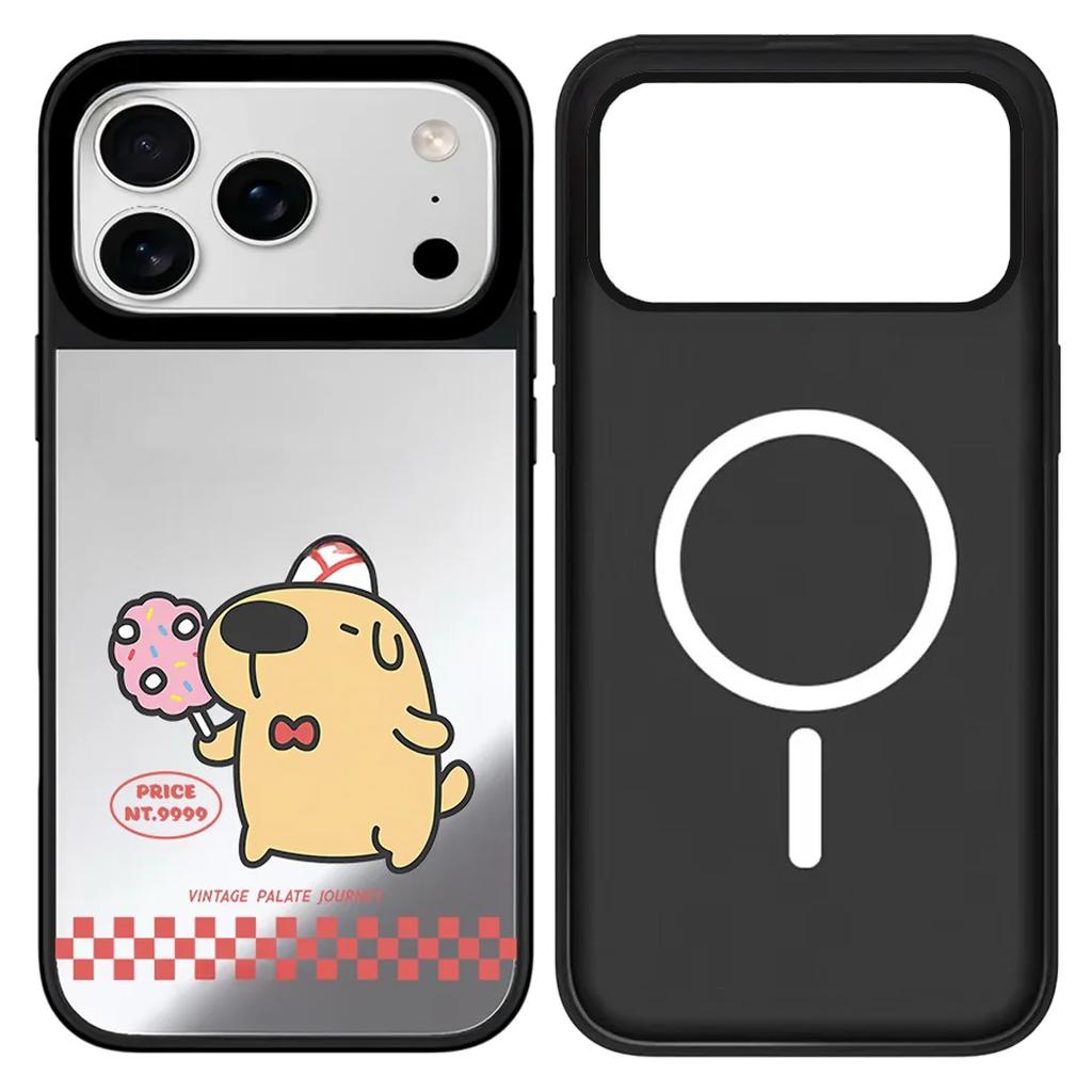 IPhone 12 13 14 15 16 17 Pro Max Милый мультяшный питомец Бургер Зеркальная поверхность Черная рамка Магнитный защитный чехол
