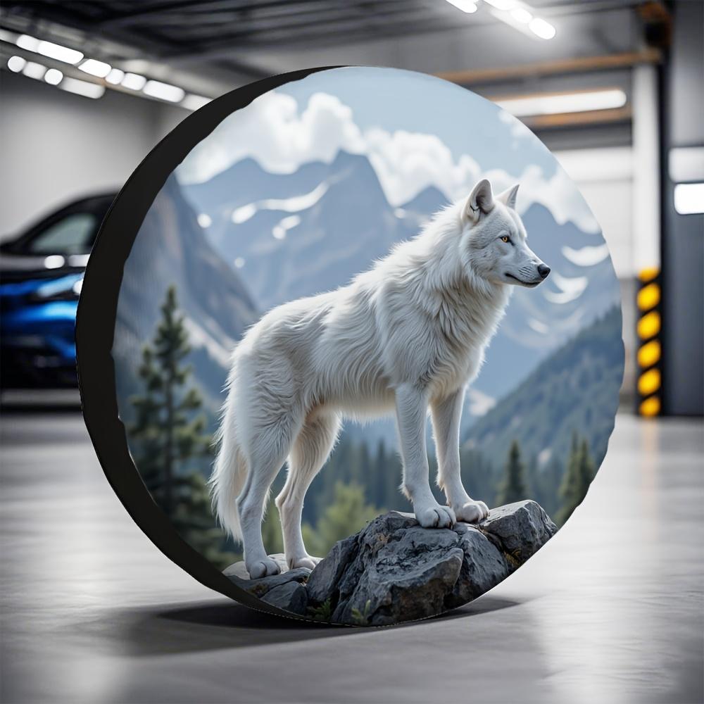 One Piece Of High-Quality 2D Flat-Printed Tire Cover Featuring A White Wolf In A Mountain Scene, Made Of Polyester, Perfect For