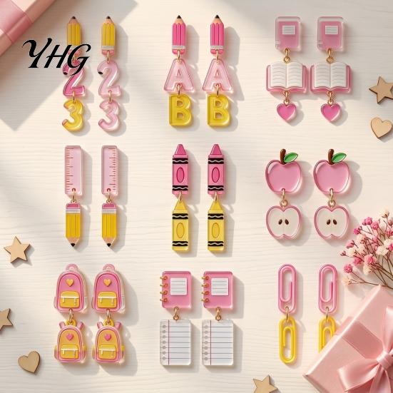 Creative School Theme Dangle Drops 1 Pair Teacher Earrings for Women, Cute 2D Acrylic Crayon Pencil Backpack Appreciation Day Jewelry Number Alphabet