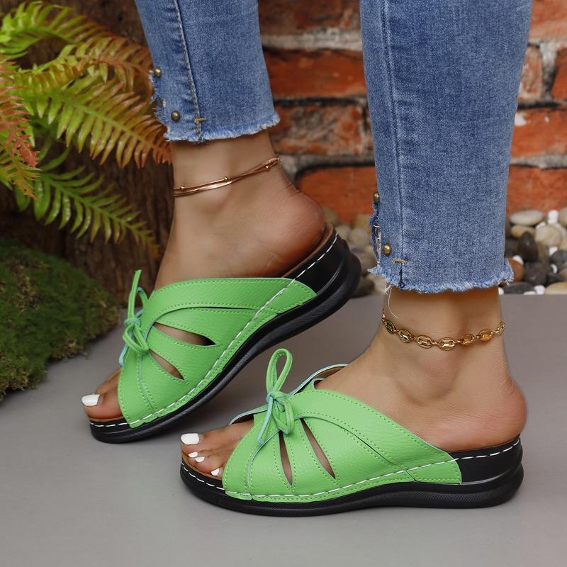 2024 Women's Summer New Fashion Hollow Bow Designer Sandals Outdoor Casual Open-Toe Beach Shoes Shallow Slip-on Wedge Slippers