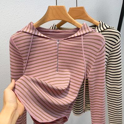 Женская осенне-зимняя полосатая толстовка с капюшоном и полумолнией, повседневная