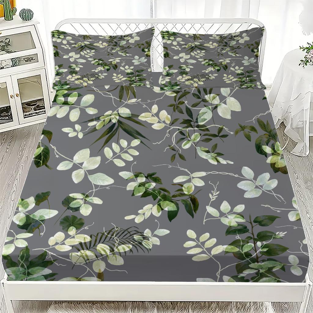 3pcs Pink Grey Fitted Sheet Set Fresh Style Rose Flora Print 100% Polyester Soft Bedding Set for Home Decor with 2 Pillowcases