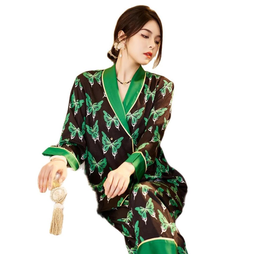 Da Vinci Code 1011 New Homewear Simulation Silk Gifts Long Sleeve Skin-friendly Pajamas Set Female Butterfly Kimono