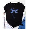 Plus Size Casual T-shirt Women's Plus Dragonfly Print Short Sleeve Round Neck Medium Stretch T-shirt