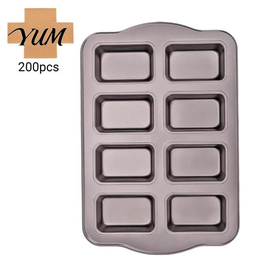 Mini Loaf Pan with Parchment Paper Liners 8-Cavity Baking Set 200Pcs Liners, Heat Resistant for Nonstick Bakeware Rectangle Bread Pan, Heavy