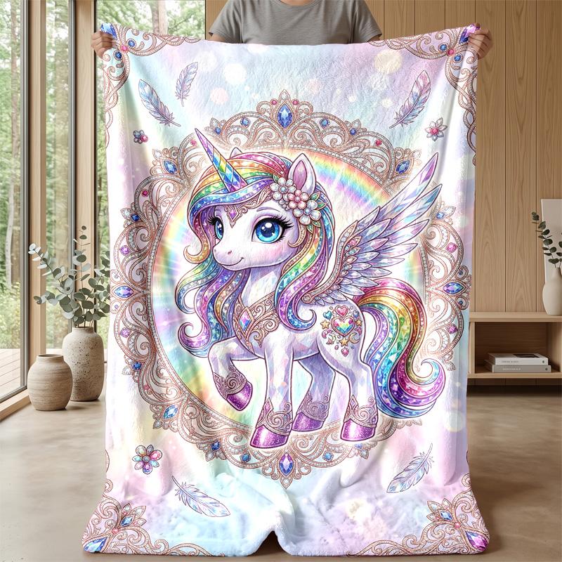 Rainbow Winged Unicorn Theme blanket Lightweight Warm Flannel Blanket Decorative Throw Blanket for Home Decoration