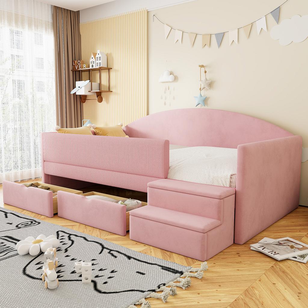 Upholstered Sofa Bed, 90*190cm, Multifunctional Bed, With Two Drawers and Guardrails, With Steps, Skin-Friendly Velvet Fabric, without Mattress, Pink