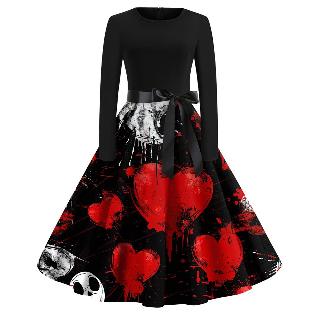 Платье-клеш с принтом на Хэллоуин для женщин с длинным рукавом, повседневные платья с круглым вырезом и ажурной отделкой