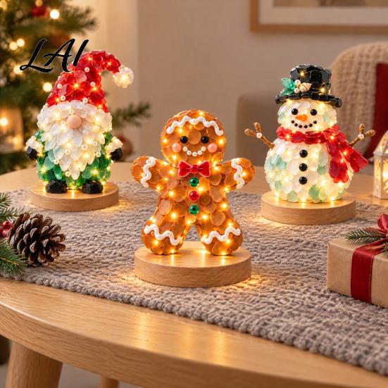 Holiday Handcraft Supplies Sea Glass Christmas DIY Craft Kit LED Lighted Xmas Tabletop Ornament Making Led Decor Set Santa Snowman Gingerbread