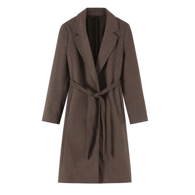 Womens Commuter Style Wool Blend Coat Elegant Waist Tie Mid-Length XS-L Sizes