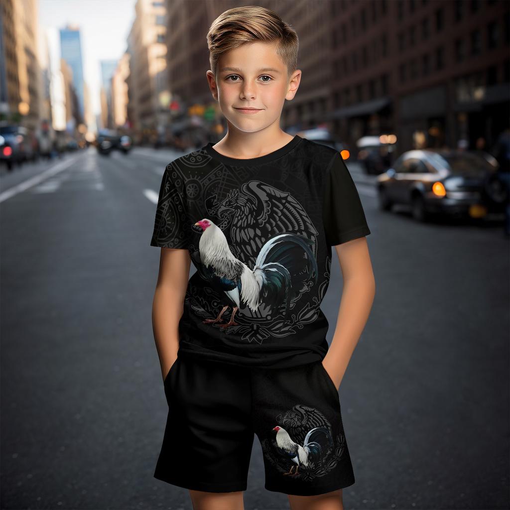 Детский повседневный топ из двух предметов с короткими рукавами и шортами с 3D принтом «Мексиканский петух» для мальчиков и девочек 4–14 лет, детский костюм