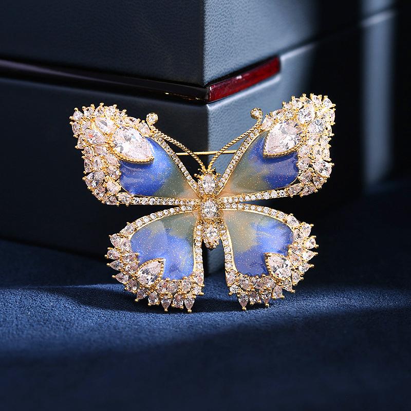 Xiliangfeizi Luxury Gold Plated Environmental Pear-Shaped Zircon Set Butterfly Brooches Enamel Pins-Women's Party Gift