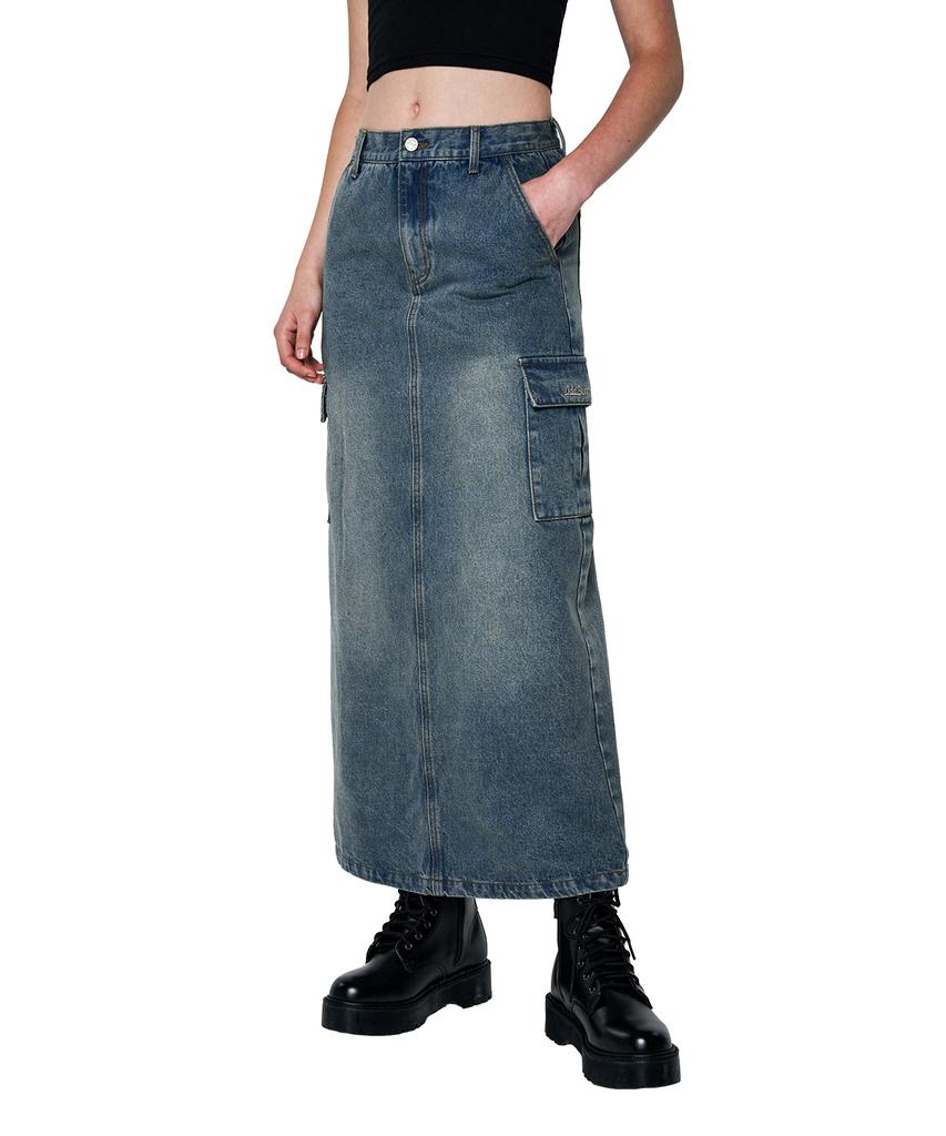 Odd Studio Sand Washed Cargo Denim Long Skirt - Blue