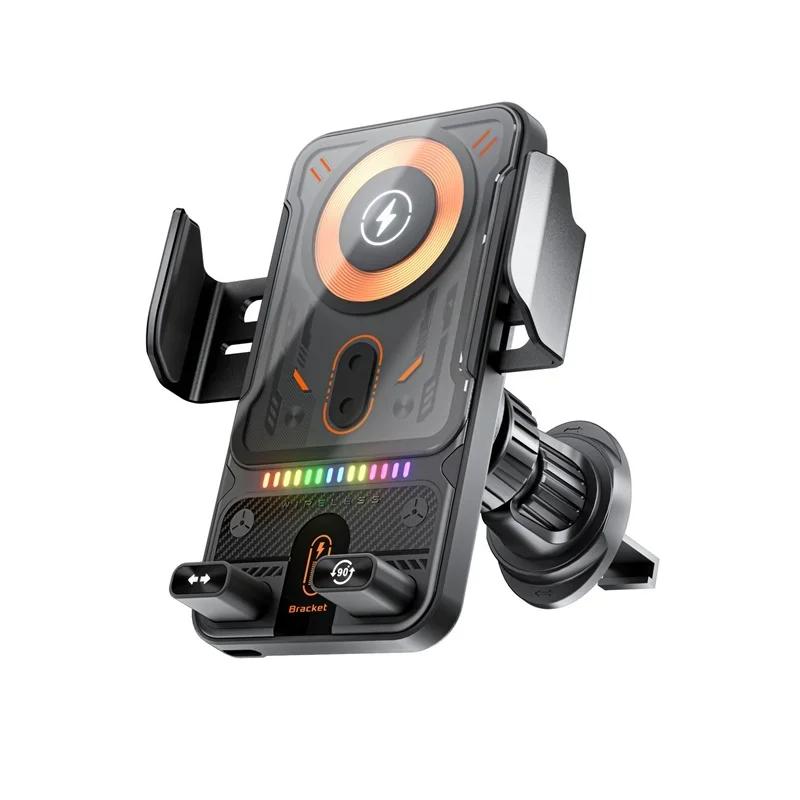 Car Wireless Charger Auto-Clamping RGB Light Phone Holder Stand Touching 360 Rotation Fast Charging Bracket For iPhone Samsung