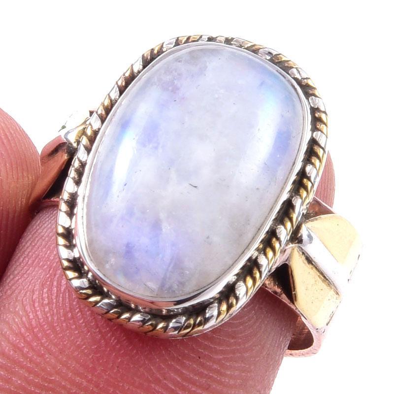 Natural Rainbow Moonstone Gemstone 925 Sterling Silver Two Tone Ring S.7.5 E4M74