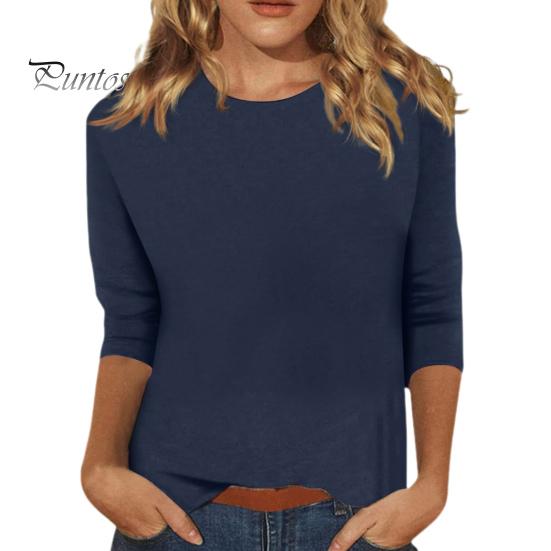 Women Casual T-shirt O-neck 3/4 Sleeve Pullover Tops Solid Color Slim Fit Tunic Tops Stretchy Tee Shirt Streetwear