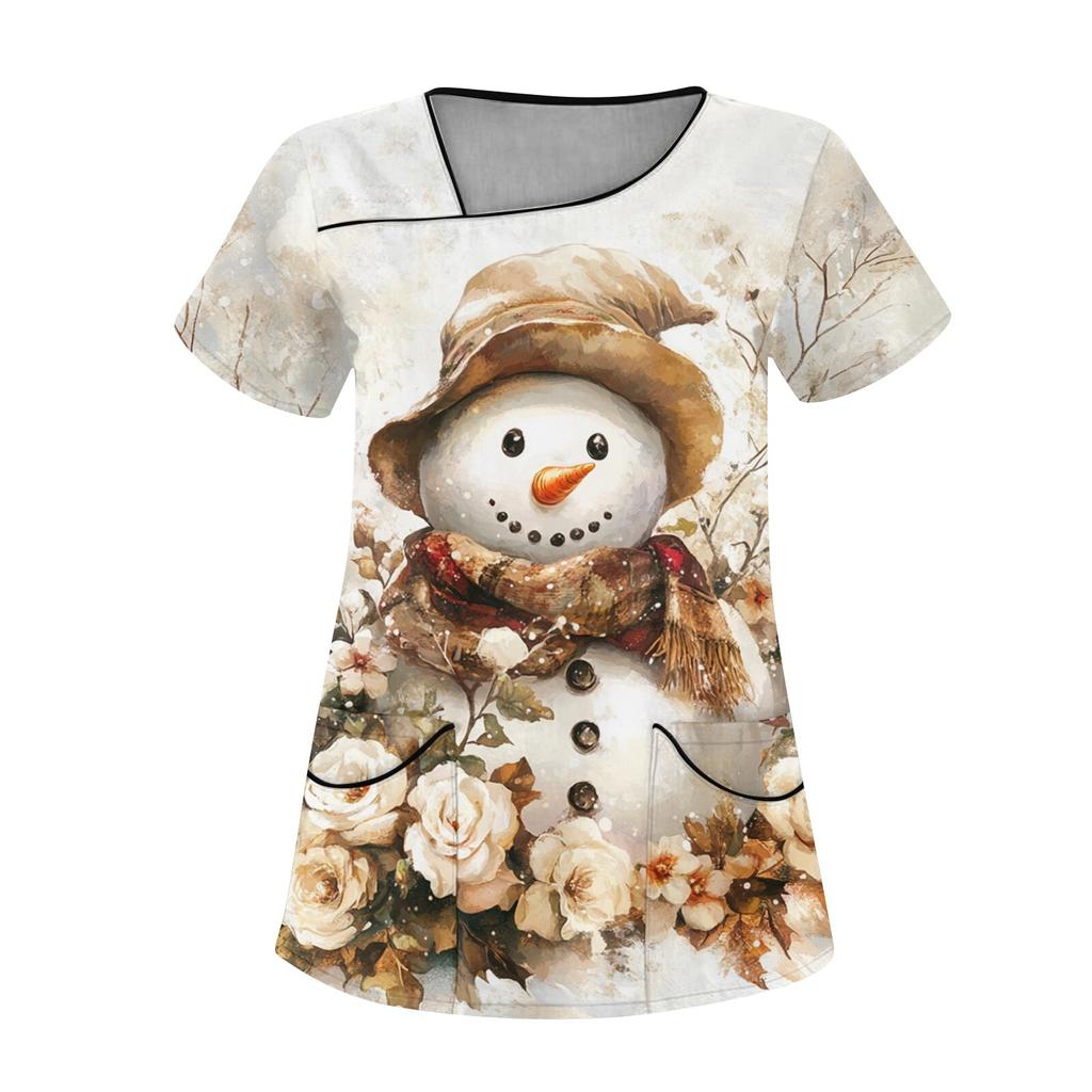 Женская рабочая одежда с рождественским принтом, покатый воротник и двухслойные карманы, базовый пуловер сверху