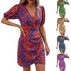 Women's Short Summer Dresses Casual Painted Prints Puffy Sleeve Wrap V Neck Dress High Waist Trendy Print Wrap Hem Beach Dress