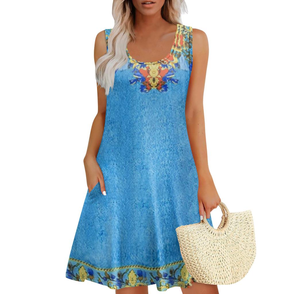 Women's Summer Casual U-shaped Tie Pocket Popular Floral Print Dress