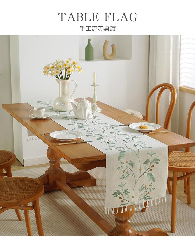 Скатерть для стола с вышивкой в скандинавском стиле с листьями цвета хаки и кисточками, коврик для чайного столика из хлопка и льна, домашний декор, обеденная скатерть