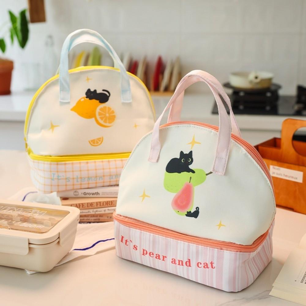 New Large Capacity Lunch Bag Double Layer Cat Insulated Lunch Box Cartoon Lunch Storage Bag Handbag