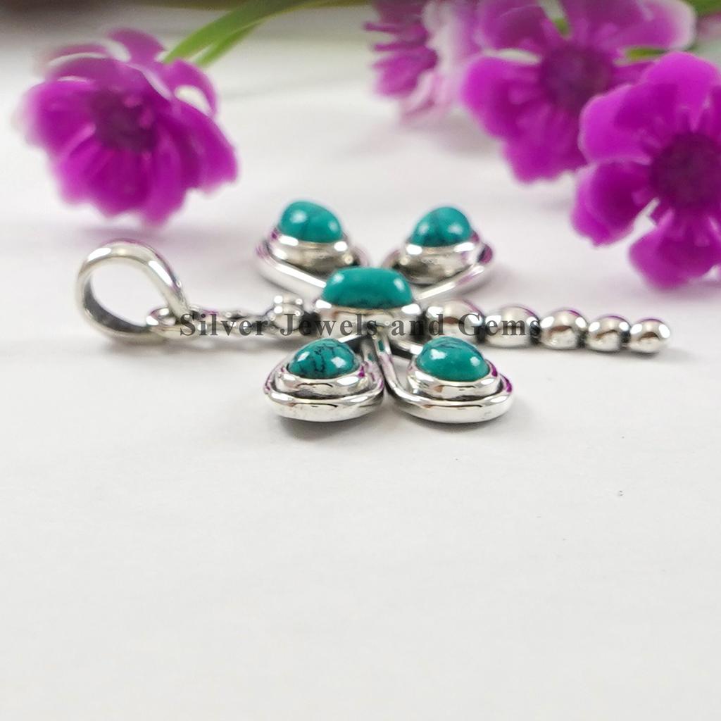 Dragonfly Turquoise Pendant, Multi Stone Pendant, Handmade Pendant, 925 Sterling Silver Designer Pendant, Gift for Women