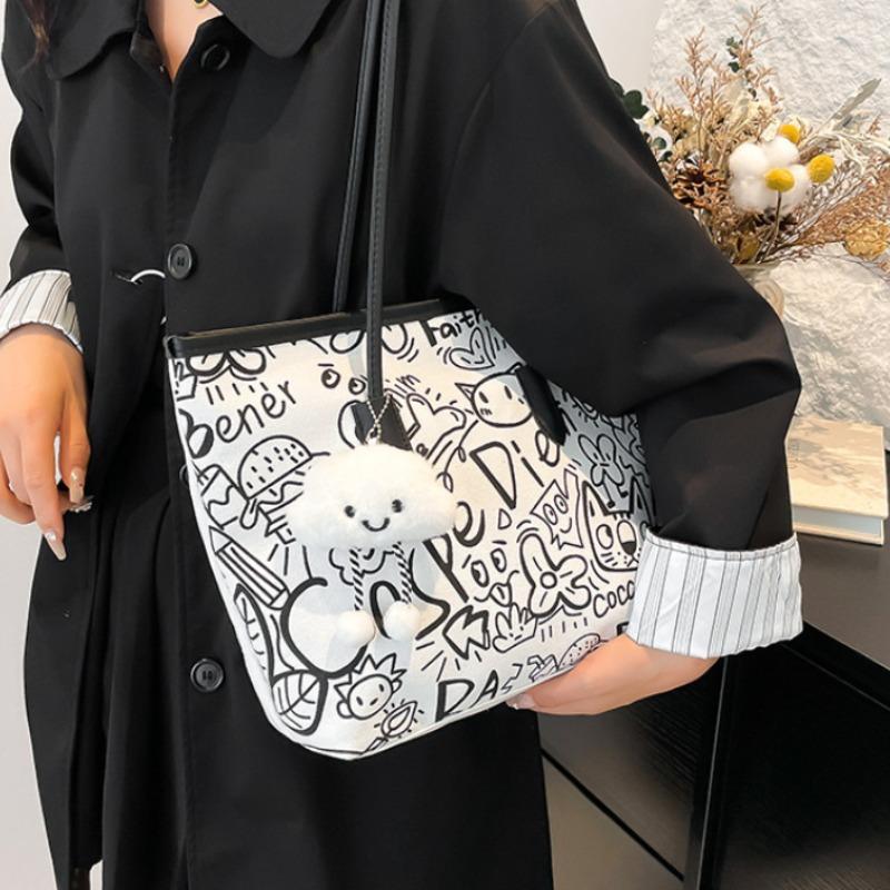 Сумка из холста с граффити, женские сумки 2025 года, новая повседневная сумка через плечо, универсальная сумка-тоут большой вместимости для студентов и школьников